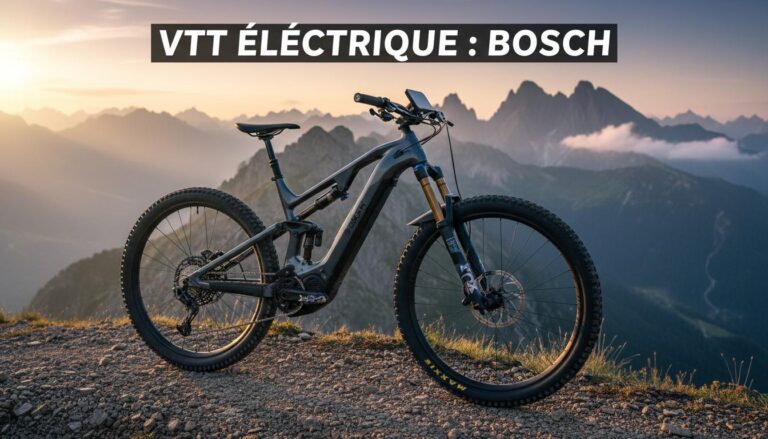VTT électrique tout-suspendu avec moteur Bosch posé sur une crête rocheuse face à des montagnes au coucher du soleil.