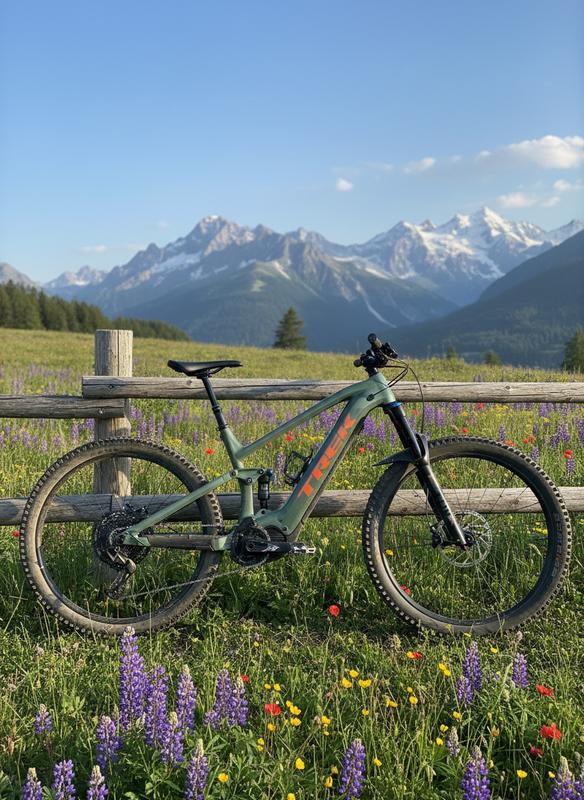 VTT électrique Trek Rail de profil appuyé contre une clôture en bois dans une prairie alpine fleurie avec des montagnes enneigées en arrière-plan.