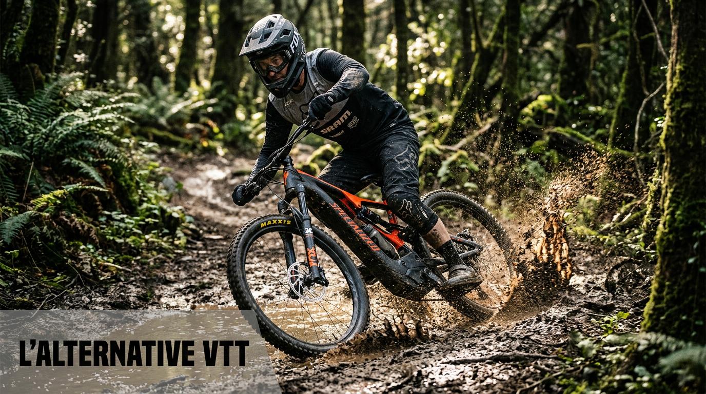 Un vététiste en tenue de protection incline son vélo électrique dans un virage boueux en forêt, projetant de la boue sous l'inscription L'ALTERNATIVE VTT.