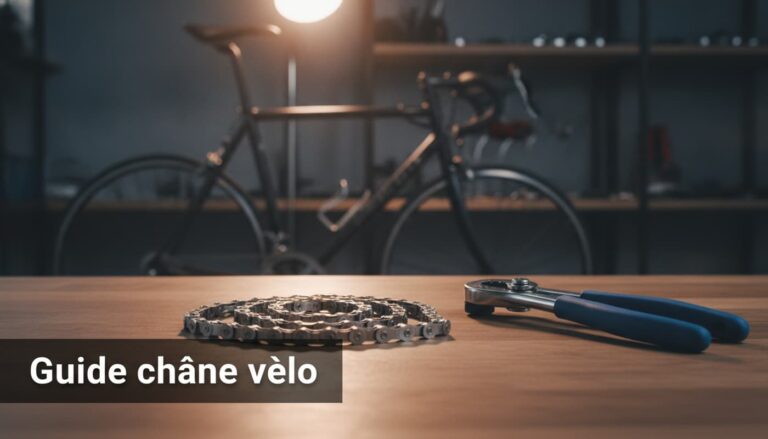 Un établi propre avec une chaîne de vélo argentée et un dérive-chaîne professionnel, arrière-plan flou avec un cadre de vélo de route sombre, texte superposé 'Guide chaîne vélo' en bas à gauche.