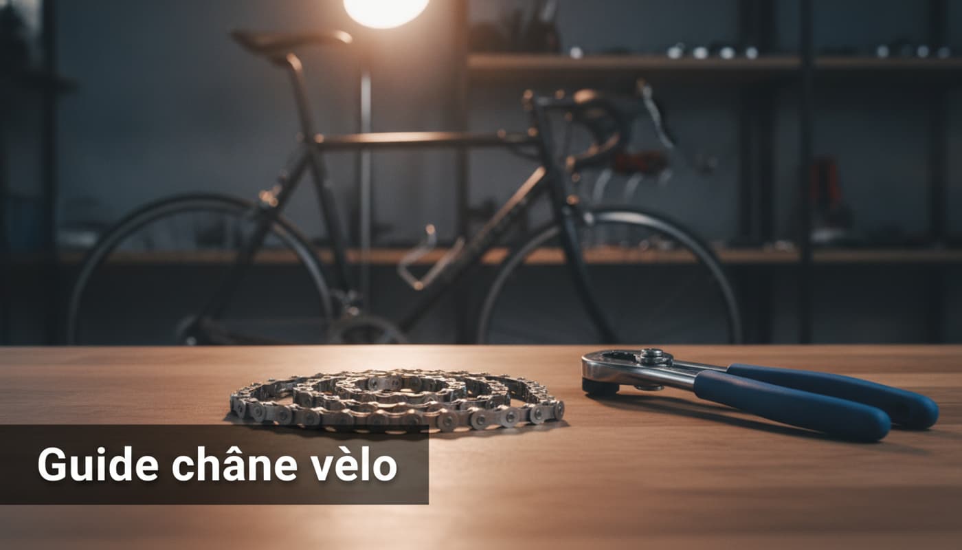 Un établi propre avec une chaîne de vélo argentée et un dérive-chaîne professionnel, arrière-plan flou avec un cadre de vélo de route sombre, texte superposé