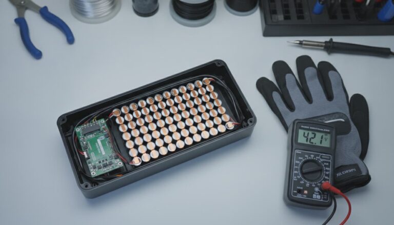 Vue en plongée d'une batterie lithium de vélo électrique ouverte sur un établi blanc, révélant des cellules 18650 alignées, des bandes de nickel, un circuit BMS vert, avec des gants isolés et un multimètre à proximité, sous un éclairage diffus d'atelier.