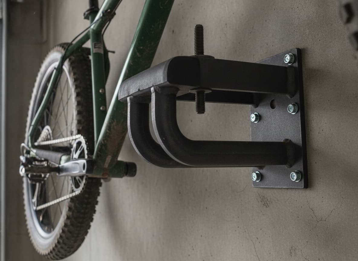 Un crochet en acier robuste recouvert de caoutchouc noir maintient un vélo tout-terrain à pneus larges par son tube supérieur, vu en contre-plongée pour accentuer la capacité de charge.