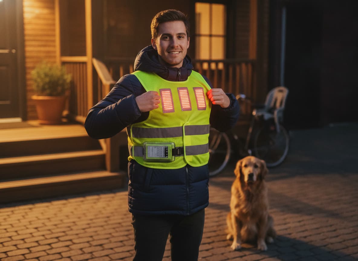 Un jeune cycliste enfile un gilet de sécurité jaune à LED sur son manteau d