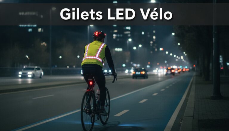 Un cycliste portant un gilet jaune équipé de lumières LED clignotantes roule de nuit sur une piste cyclable urbaine avec un texte superposé.