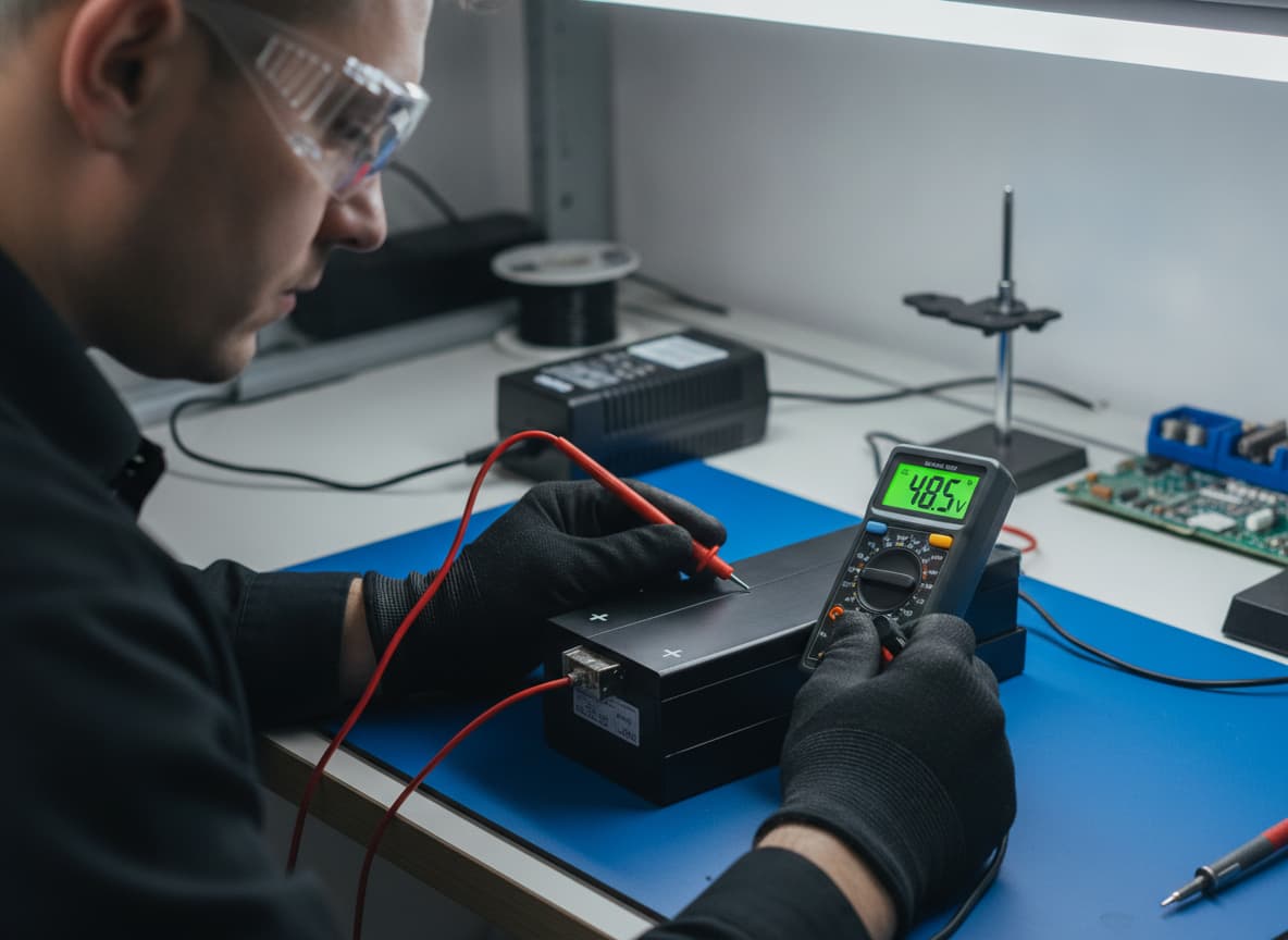 Un technicien en lunettes de protection et gants isolés mesure la tension d