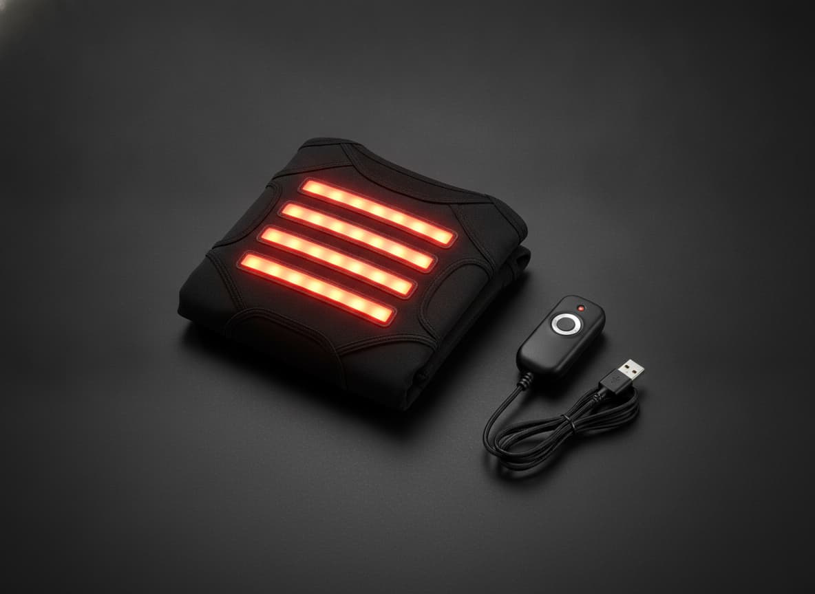 Gilet de cyclisme noir avec quatre bandes LED rouges lumineuses sur le dos, plié à côté d