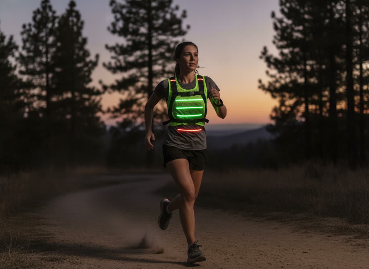 Coureur en mouvement portant un gilet de sécurité LED à mailles ultra-légères sur un sentier au crépuscule, avec des lignes lumineuses horizontales vertes et rouges et un éclairage naturel de transition.