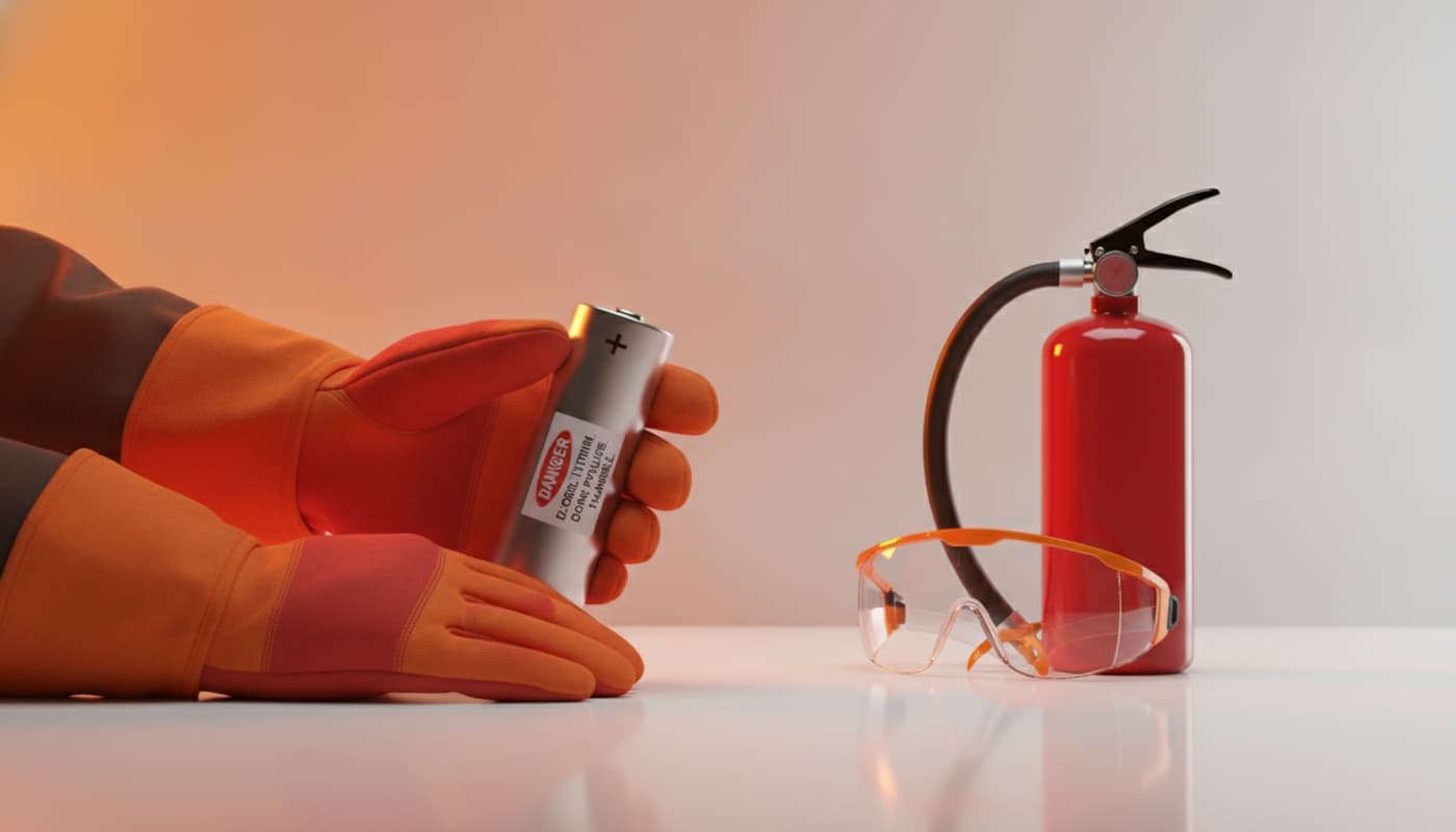 Des gants de protection isolants tiennent une cellule de batterie cylindrique au lithium, avec un petit extincteur à poudre rouge et des lunettes de sécurité placés sur la droite, sur un fond neutre éclairé par une lumière orange dégradée.
