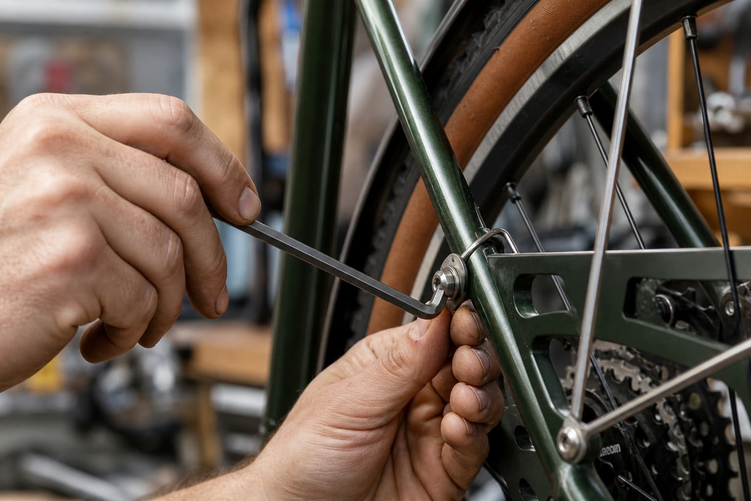 Gros plan sur des mains utilisant une clé Allen pour serrer un boulon sur la fixation du garde-boue arrière d