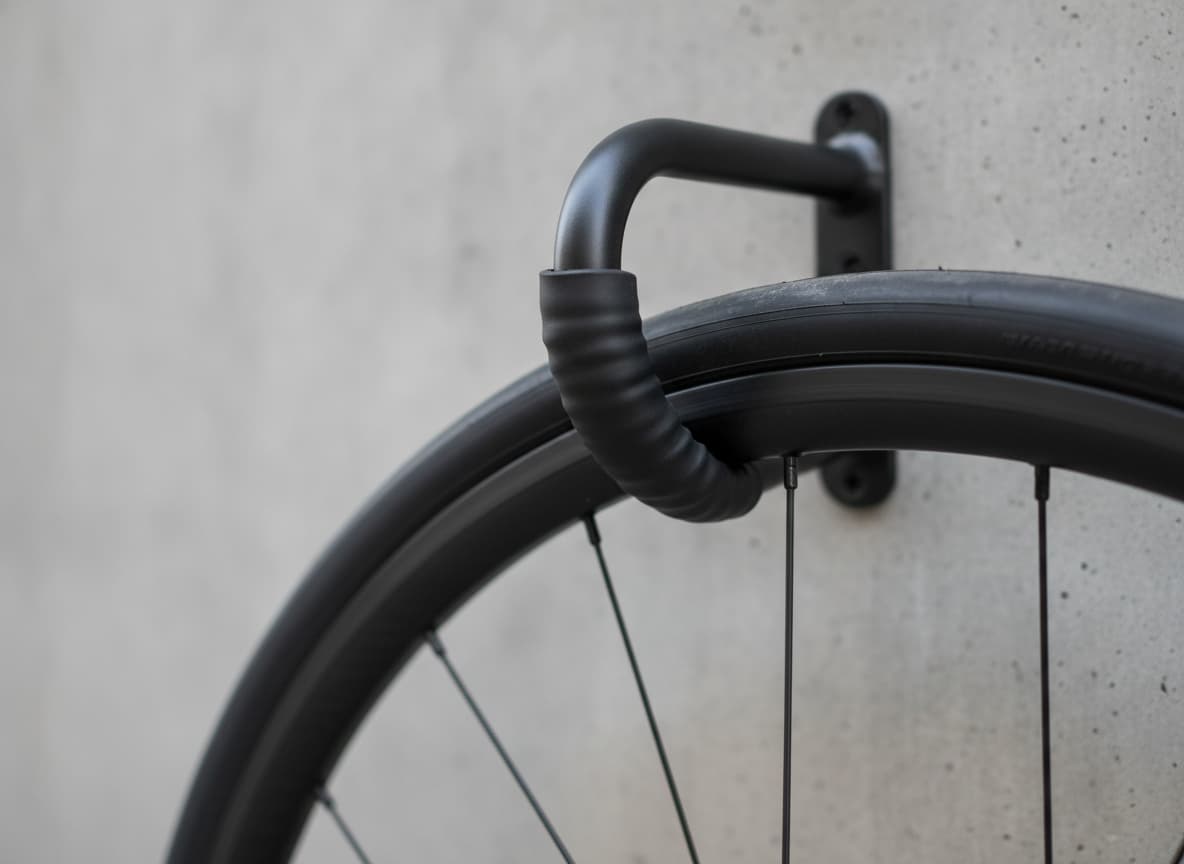 Gros plan sur un crochet mural noir avec revêtement en caoutchouc maintenant un vélo de route par la roue avant, devant un mur en béton flouté.