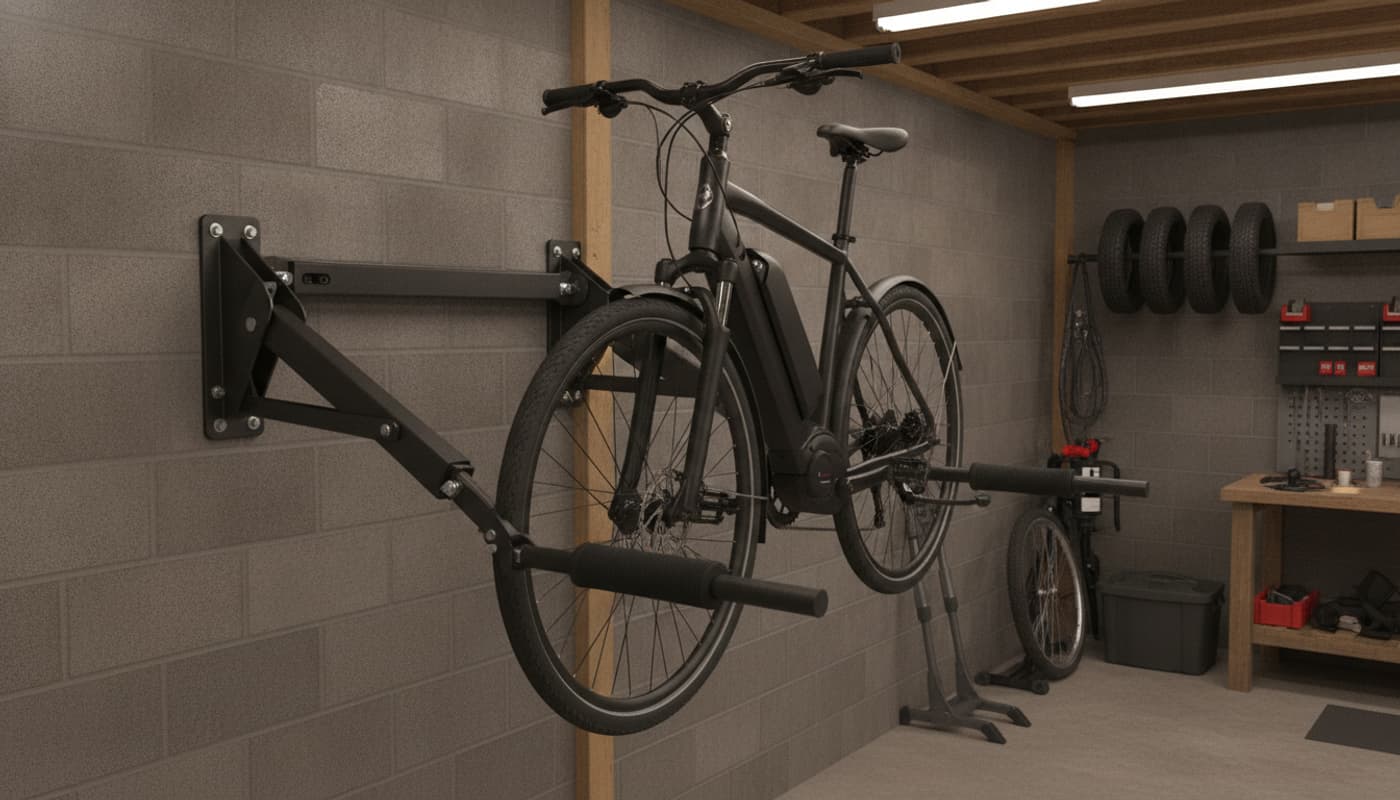 Un vélo électrique de ville est solidement fixé à un support mural robuste avec des bras réglables et des coussinets en caoutchouc dans un garage résidentiel.