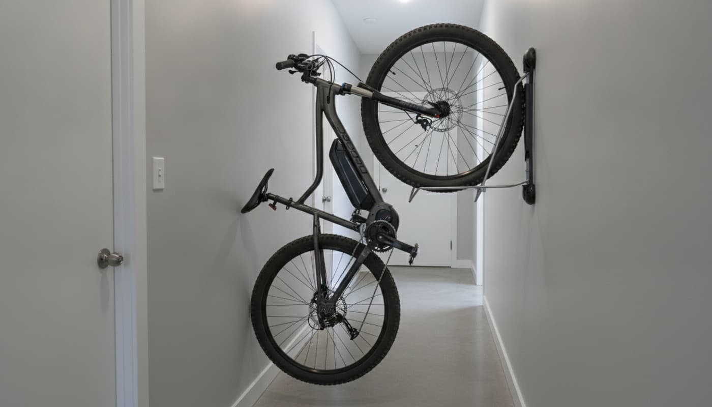 Un vélo électrique tout-terrain est fixé verticalement sur un support mural pivotant afin d