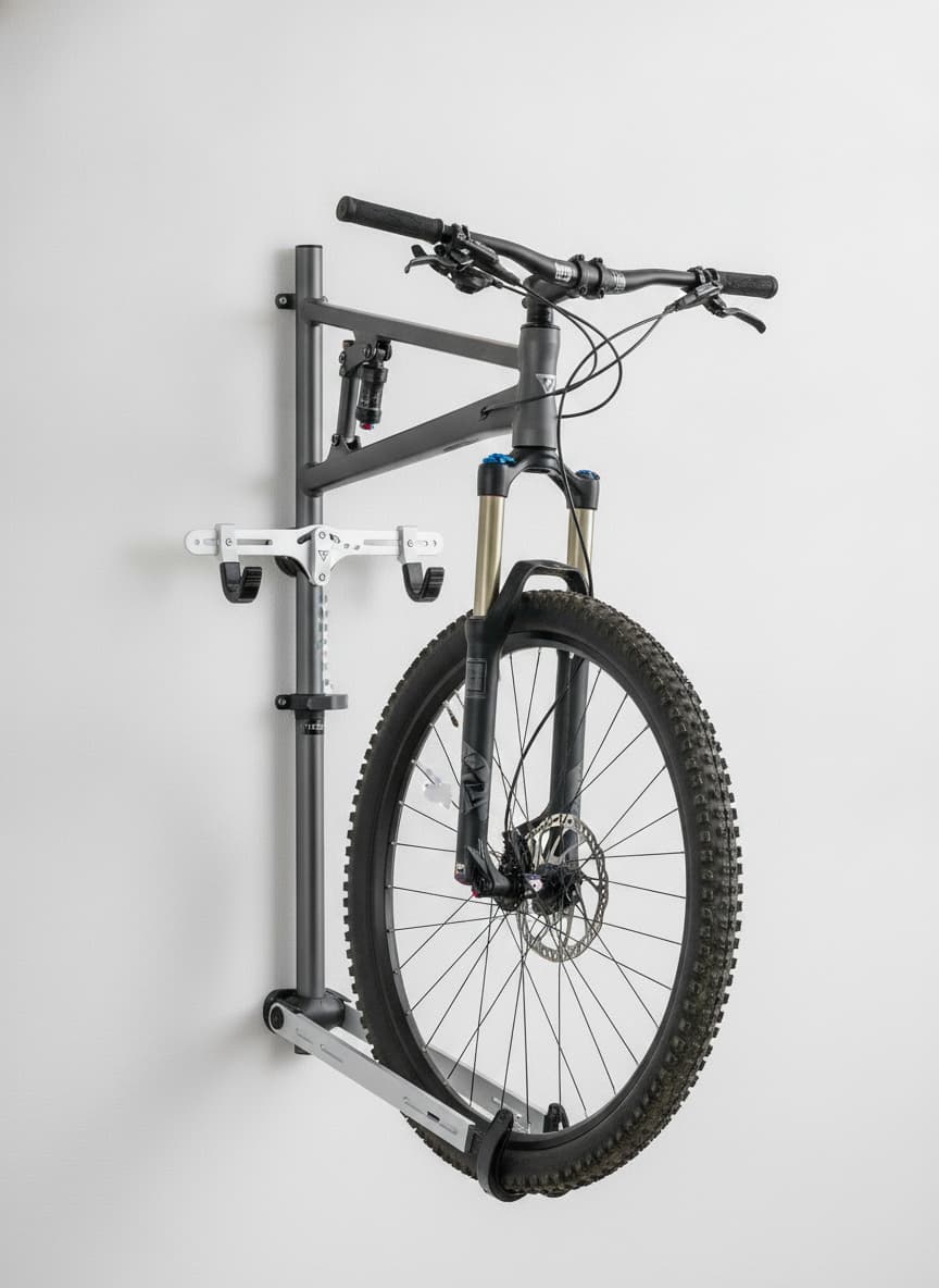 Un vélo de montagne rangé verticalement sur un support mural pliable, la roue avant maintenue par un bras inférieur, avec un mur blanc en arrière-plan.