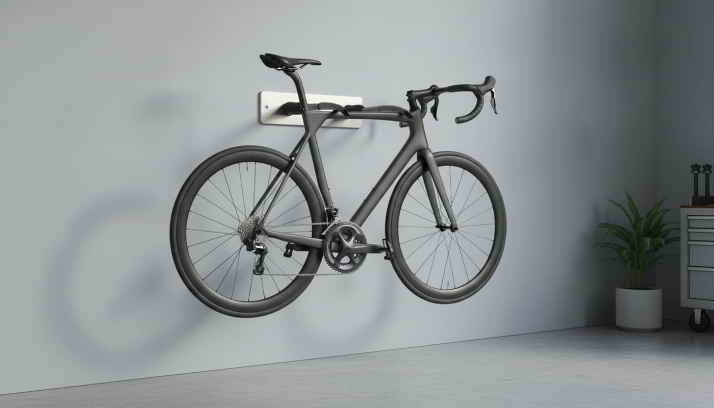 Support mural design Thule Velocompact noir mat et métallique avec un vélo de route suspendu horizontalement, éclairage de studio mettant en valeur les matériaux premium.
