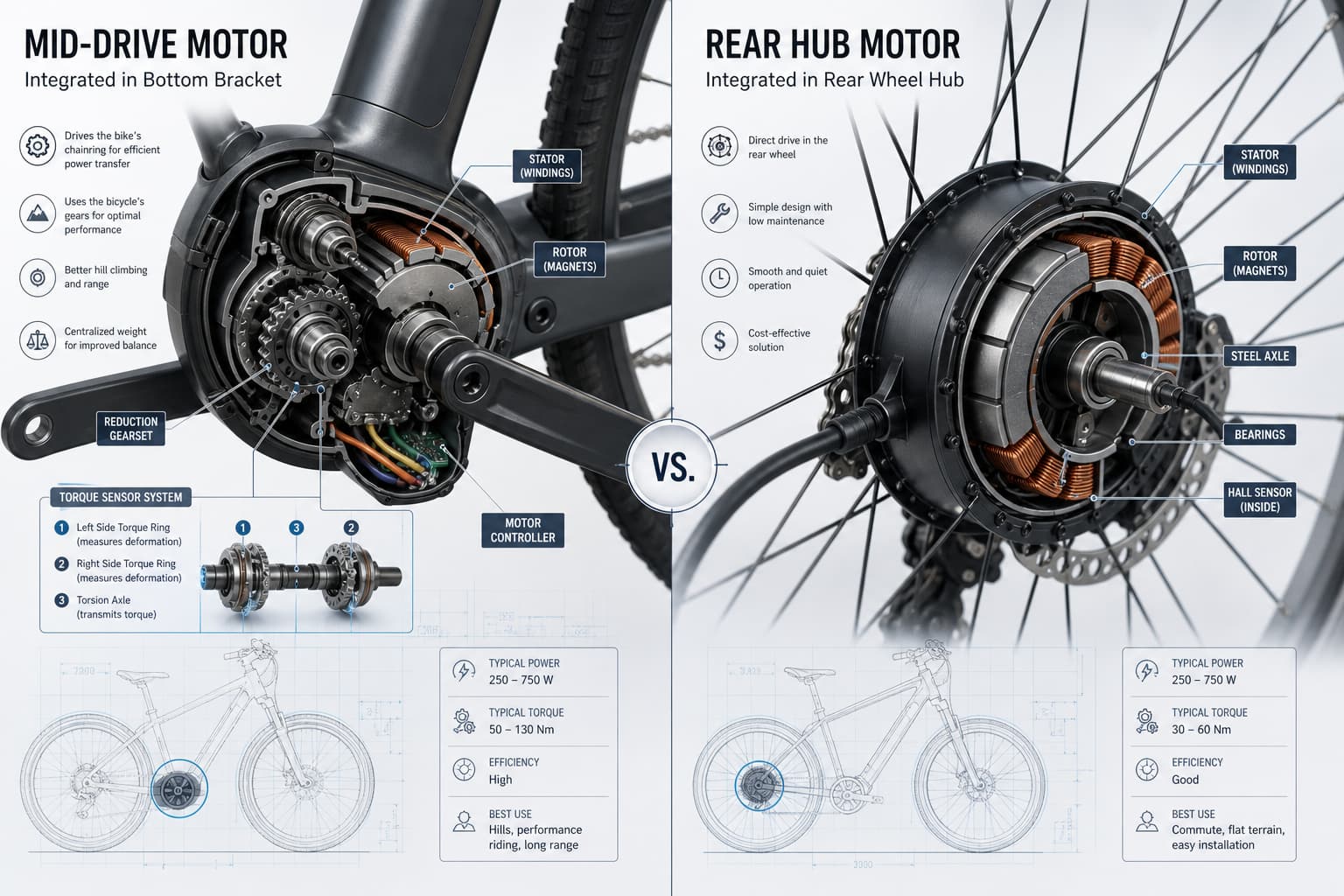 Vue comparative de deux moteurs de vélo électrique : à gauche, coupe d