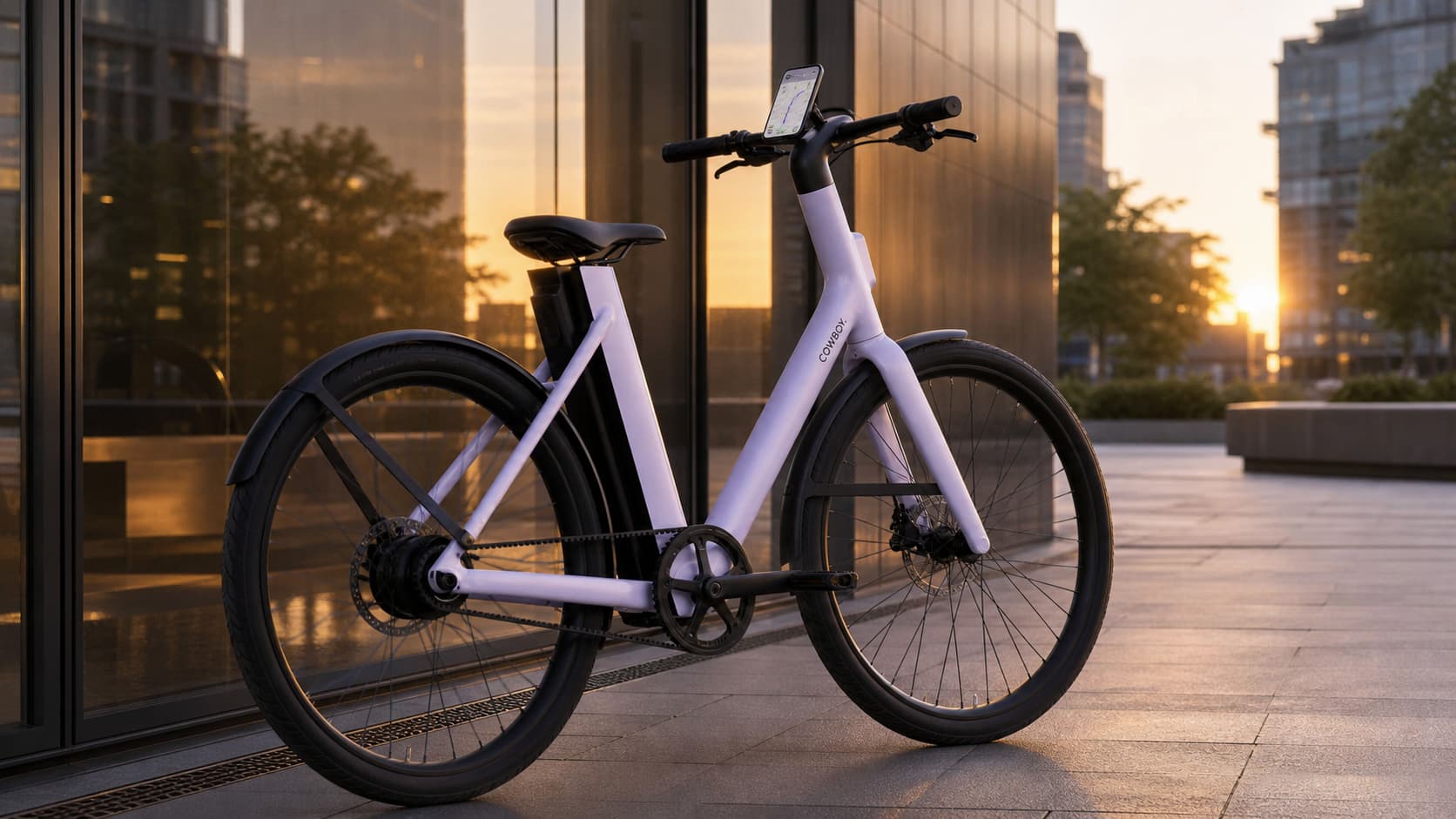 Vélo électrique Cowboy 4 ST au cadre anguleux et coloré, stationné contre un bâtiment moderne en verre au coucher du soleil, avec un smartphone fixé au guidon affichant l