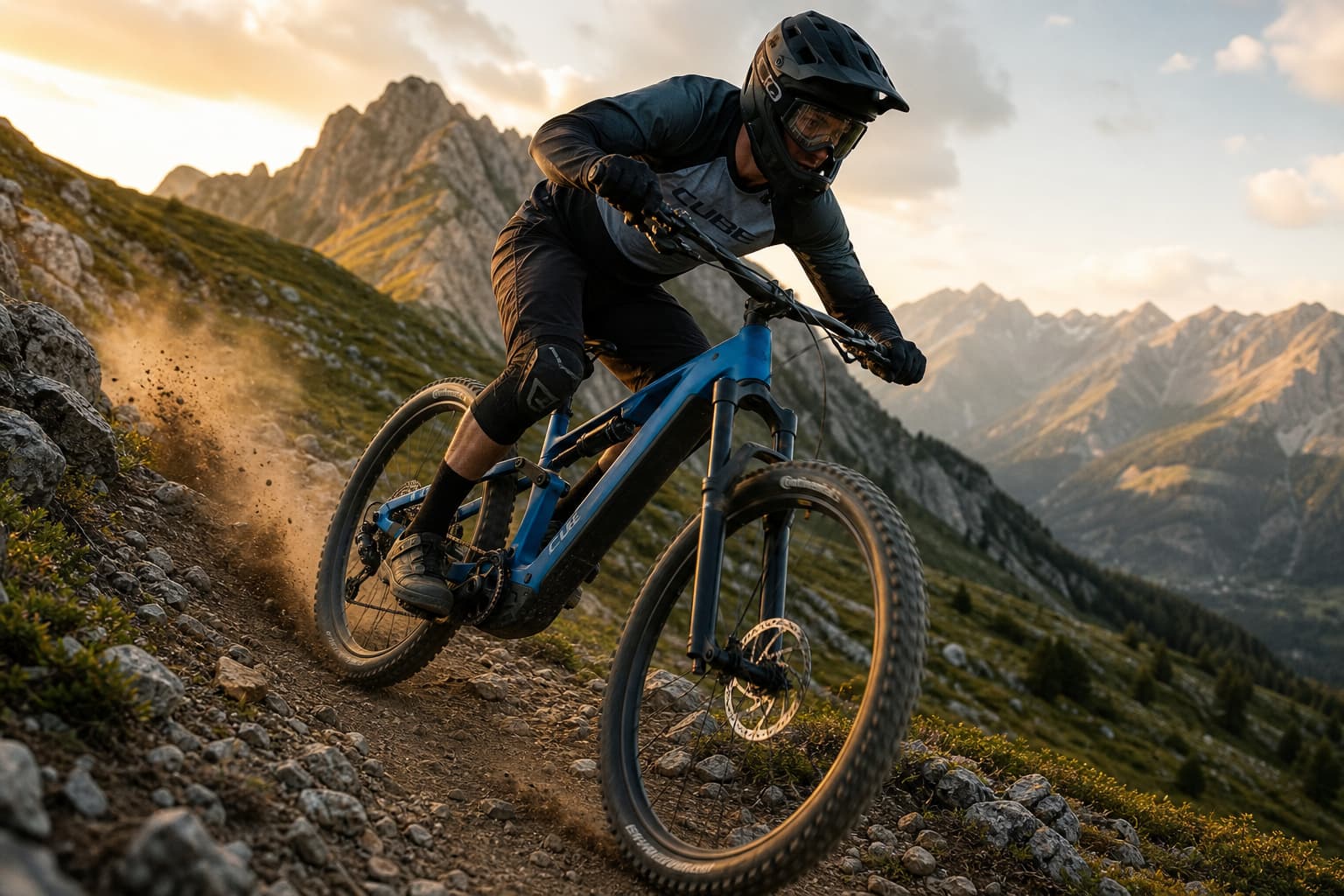 VTT électrique Cube Stereo Hybrid One44 HPC AT 800 sur un sentier alpin escarpé, le cycliste concentré sur une section technique, avec de la poussière soulevée et une vue panoramique sur les montagnes.