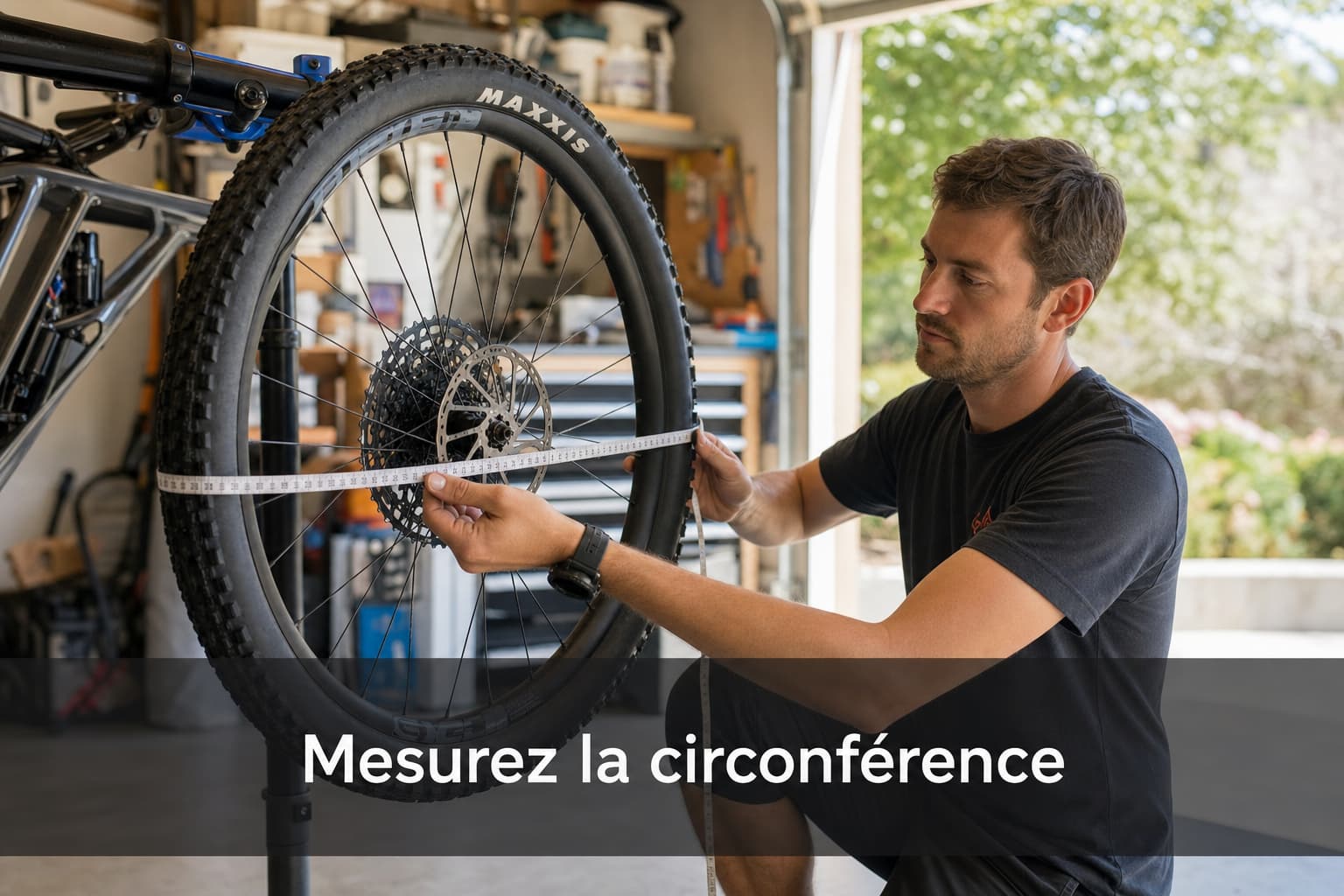 Un cycliste utilise un mètre ruban flexible pour mesurer la circonférence d