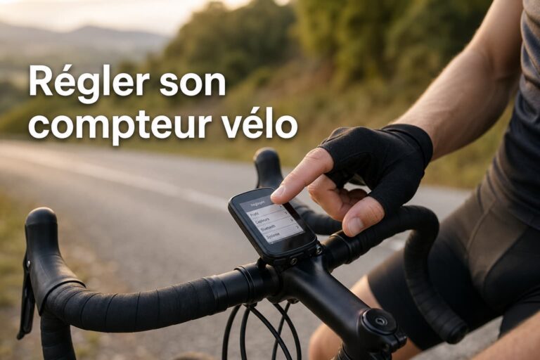Un cycliste sur un vélo de route, sa main appuyant sur le bouton d'un compteur GPS monté sur le guidon, avec le texte 'Régler son compteur vélo' affiché en surimpression.
