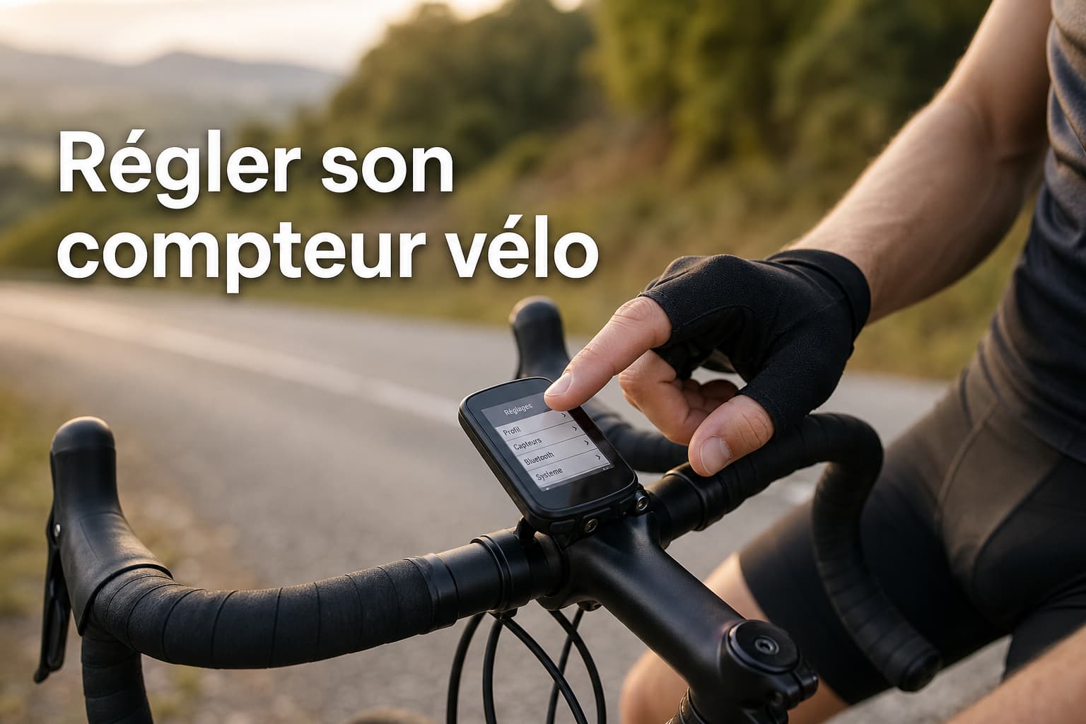 Un cycliste sur un vélo de route, sa main appuyant sur le bouton d