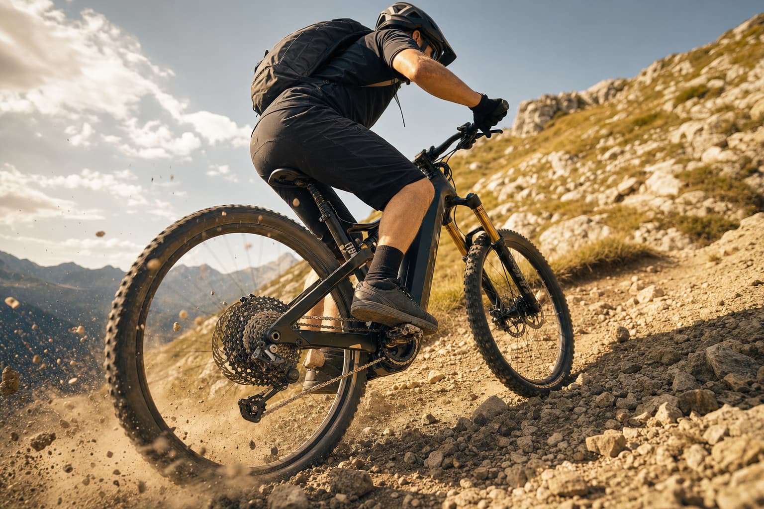 Un cycliste masculin gravissant une pente raide en gravier sur un vélo électrique tout-terrain, avec le moteur et le mécanisme de chaîne visibles, de la poussière et des cailloux projetés, prise de vue en contre-plongée.