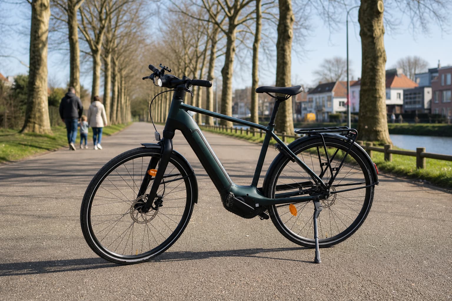 Vélo électrique Decathlon Btwin LD 920E avec garde-boue et porte-bagages, circulant sur un chemin de banlieue, une famille en arrière-plan profitant d