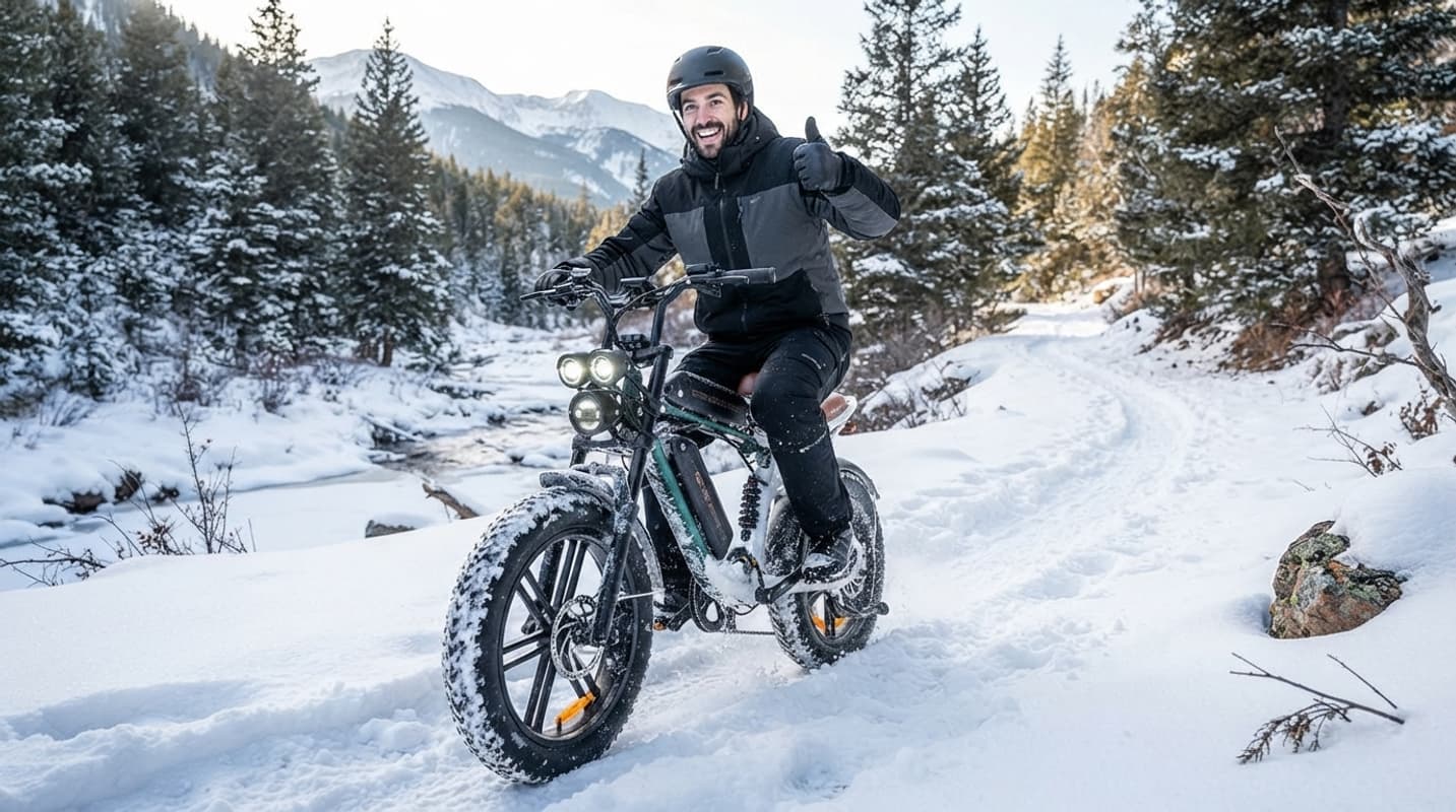 Un fat bike électrique ENGWE M20 avec pneus larges et double suspension sur un sentier enneigé, son cycliste en tenue d
