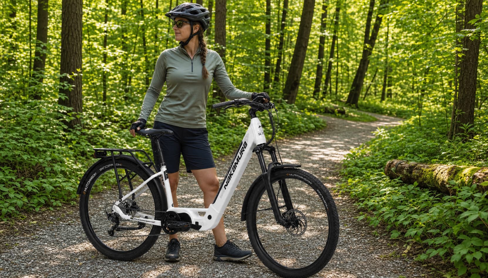 Un vélo électrique Nakamura Crossover XV sur un chemin de gravier en forêt, avec un cycliste portant un casque, prêt pour l