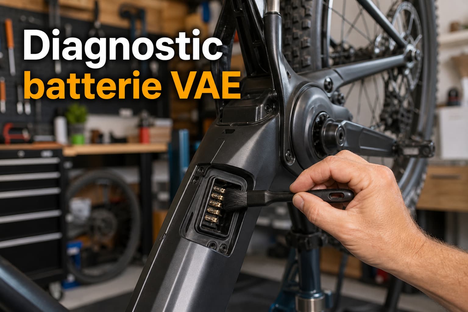 Vélo électrique renversé dans un garage, une main nettoie les contacts métalliques de la batterie avec une petite brosse, et le texte
