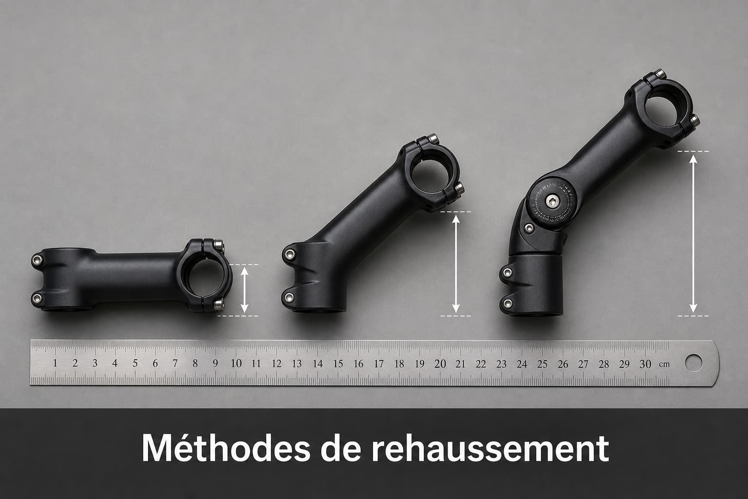 Trois potences de vélo de route (standard, inversée et réglable) disposées côte à côte sur fond gris neutre avec une règle pour échelle, mettant en évidence les différences de hauteur, et un bandeau translucide foncé en bas avec le texte