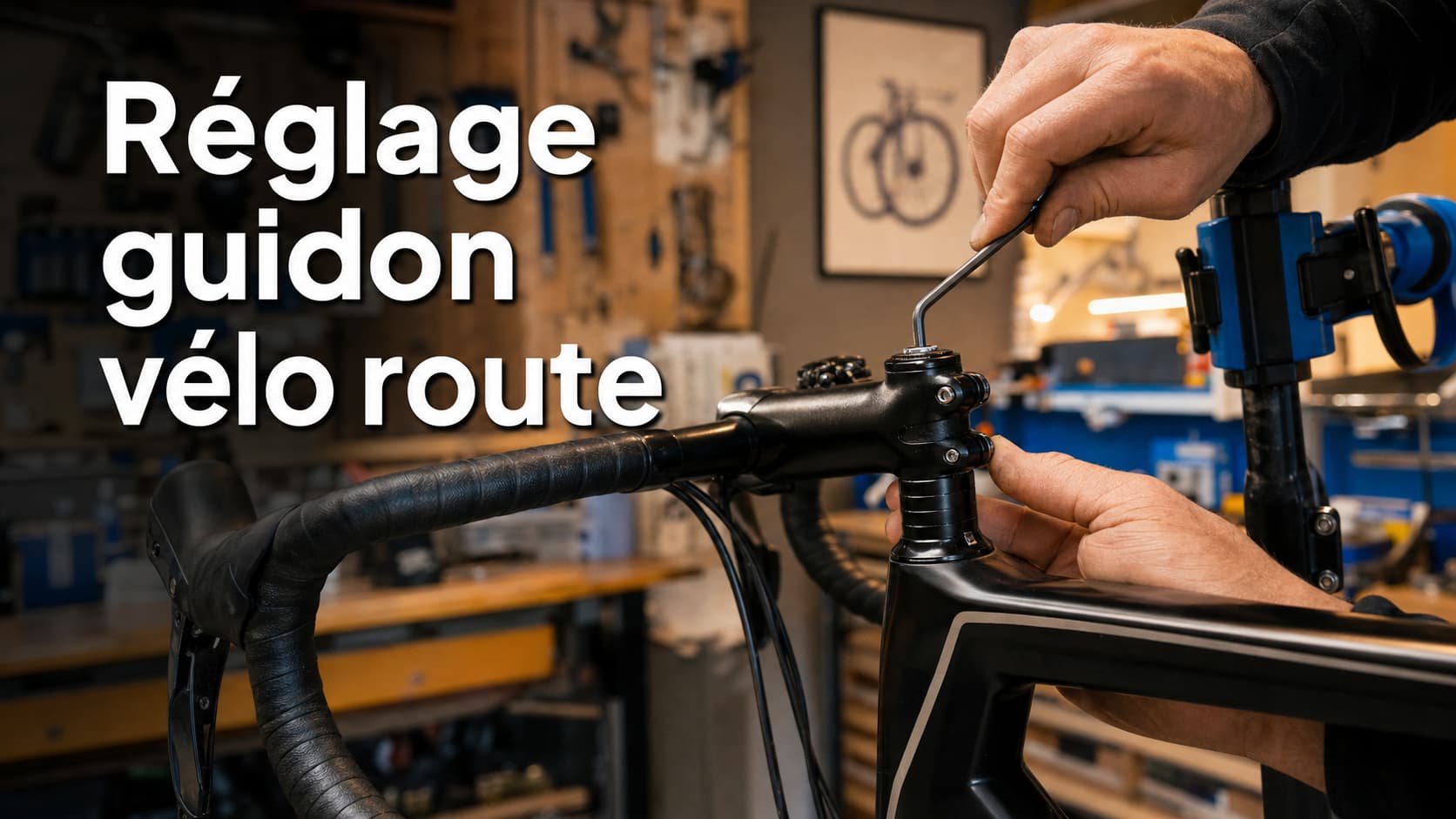 Vélo de route sur un support de réparation, mains d