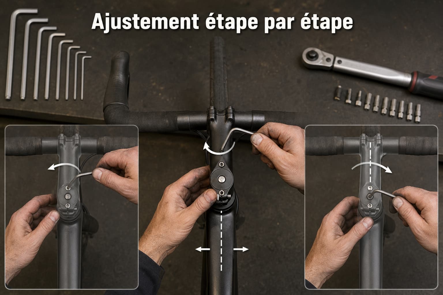Vue de dessus de mains de mécanicien manipulant une potence de vélo de route, entourées de clés Allen et d