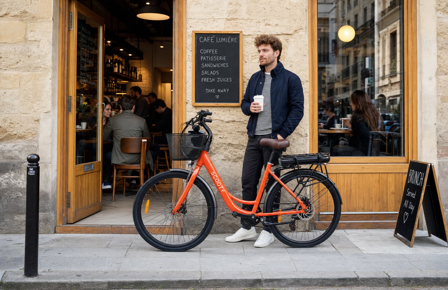 Un vélo électrique Scooty CITY 26 PLUS coloré, avec cadre bas, panier et selle confortable, stationné devant un café urbain animé ; un cycliste en tenue décontractée tient un café.