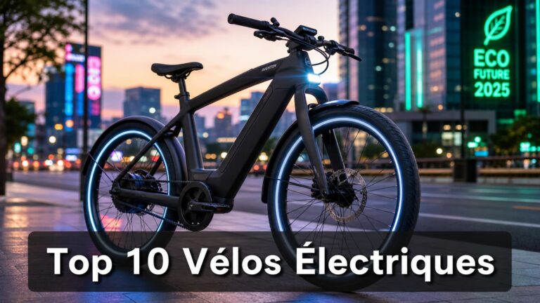 Vélo électrique moderne aux lignes épurées et éclairage LED, stationné dans une rue de ville animée avec gratte-ciel flous et enseignes au néon en arrière-plan, et le texte 'Top 10 Vélos Électriques' sur un bandeau sombre en bas.