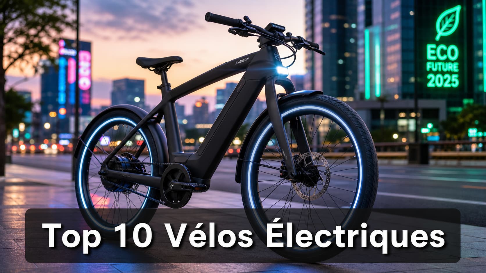Vélo électrique moderne aux lignes épurées et éclairage LED, stationné dans une rue de ville animée avec gratte-ciel flous et enseignes au néon en arrière-plan, et le texte