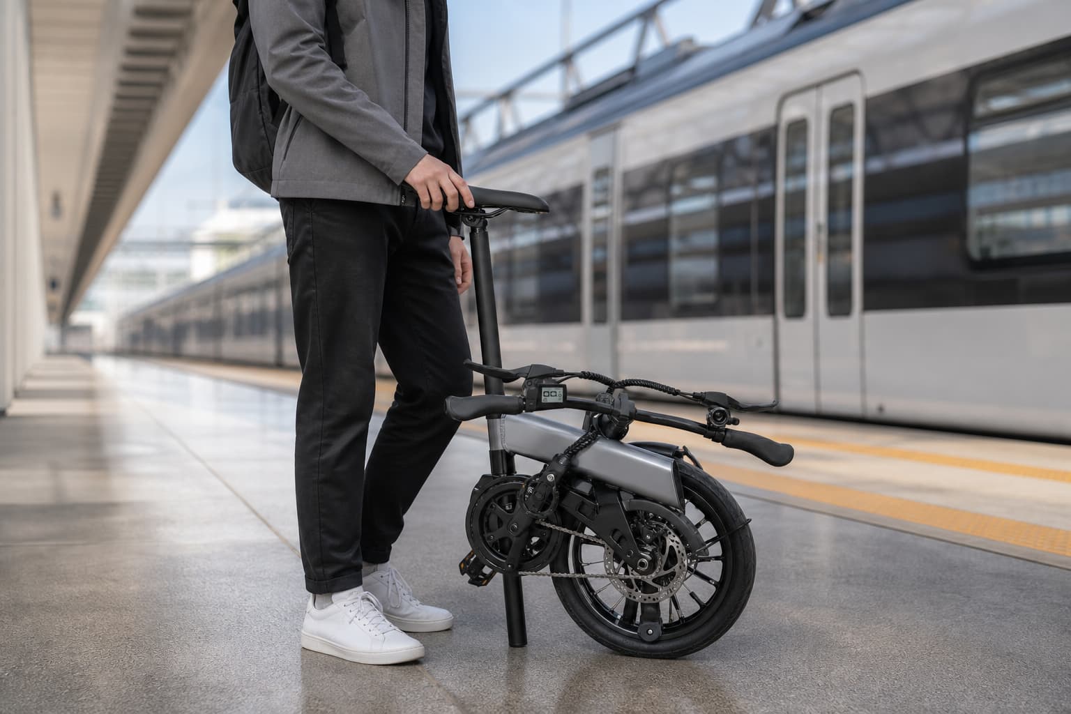 Un vélo électrique pliable compact, plié, à côté d