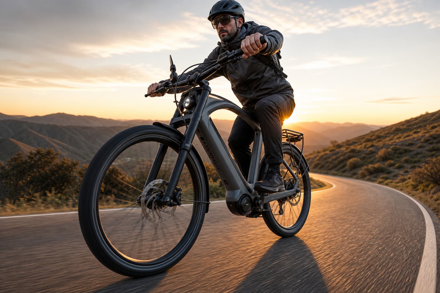 Vélo électrique élégant sur une route sinueuse dans un paysage vallonné, avec un flou de mouvement sur les roues et un coucher de soleil doré.
