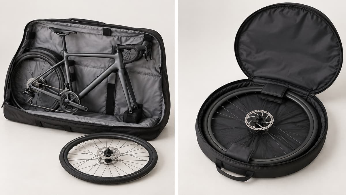 Comparaison en deux vues montrant à gauche une housse de transport ouverte avec un vélo dont la roue avant est déposée, et à droite une roue seule dans une housse circulaire ouverte.