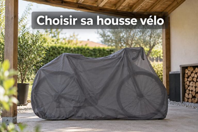 Vélo entier recouvert d’une housse de rangement sobre sous un abri extérieur ouvert, la silhouette des deux roues et du guidon restant perceptible, avec le texte « Choisir sa housse vélo » en surimpression.