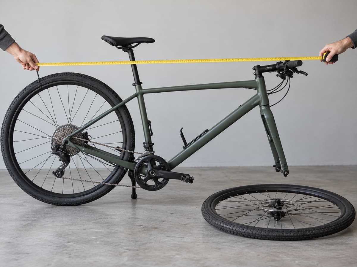Vue latérale d’un vélo avec la roue avant déposée, tandis que des mains tendent un mètre ruban le long du vélo pour mesurer son encombrement, la roue étant posée à proximité.