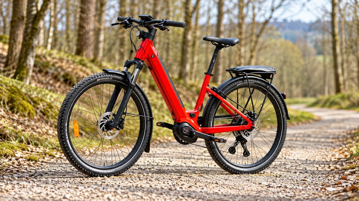 Vélo électrique Moustache Xroad 4 vu de trois quarts avant sur un chemin, avec la roue avant tournée pour montrer la fourche et le disque de frein avant.