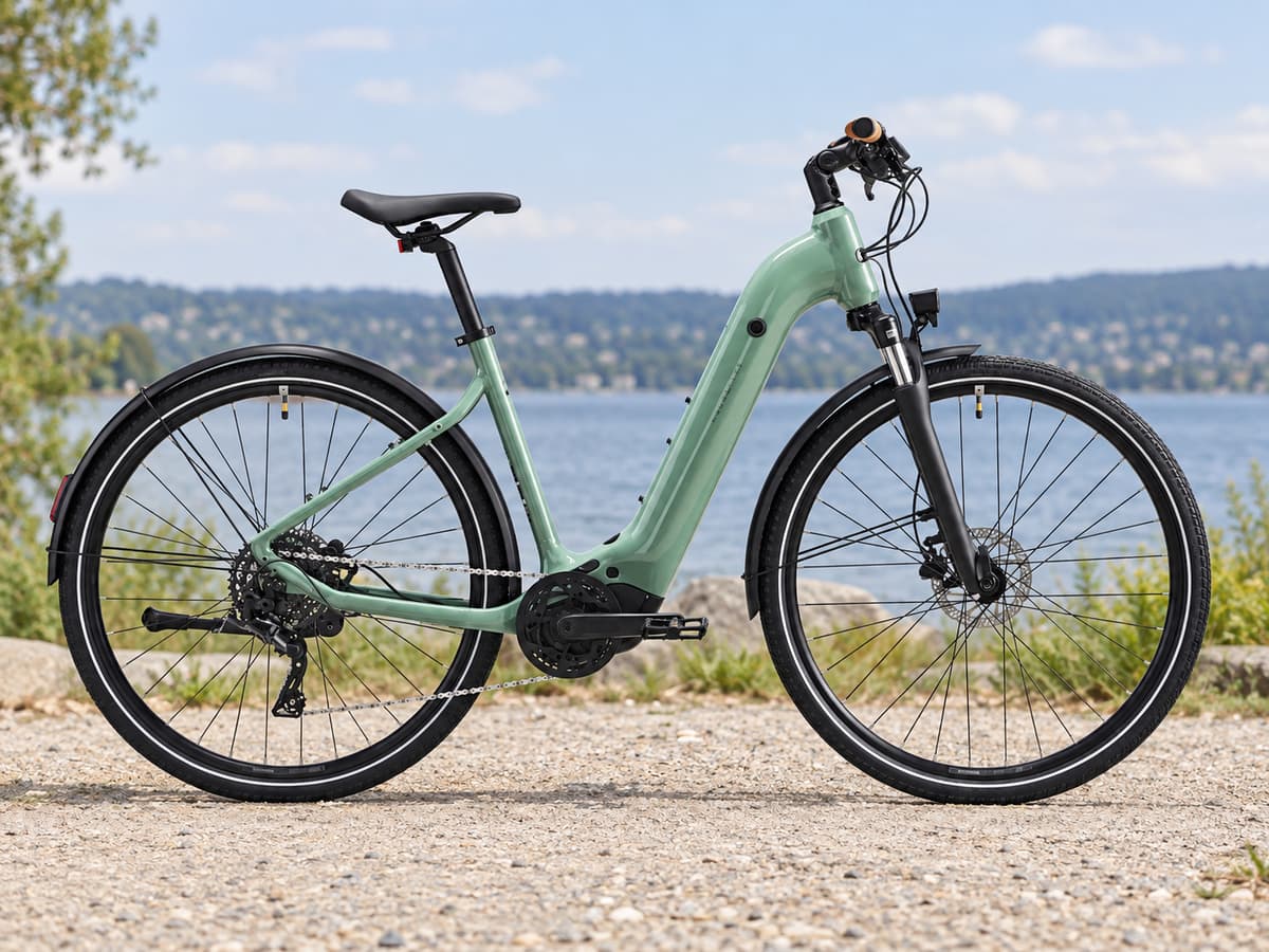Vélo électrique Rockrider E-ACTV 500 présenté de profil sur fond extérieur discret, avec cadre, motorisation et équipements de série visibles.