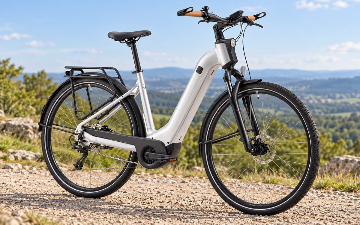 Vélo électrique Rockrider E-ACTV 900 vu de trois quarts côté transmission, avec pédalier dégagé, roue arrière et transmission visibles sur fond neutre.