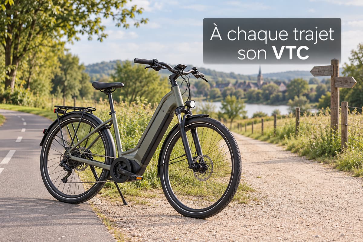 VTC électrique sans marque à l’arrêt à la jonction d’une piste cyclable goudronnée et d’un chemin stabilisé de campagne, avec le texte À chaque trajet son VTC affiché en surimpression.